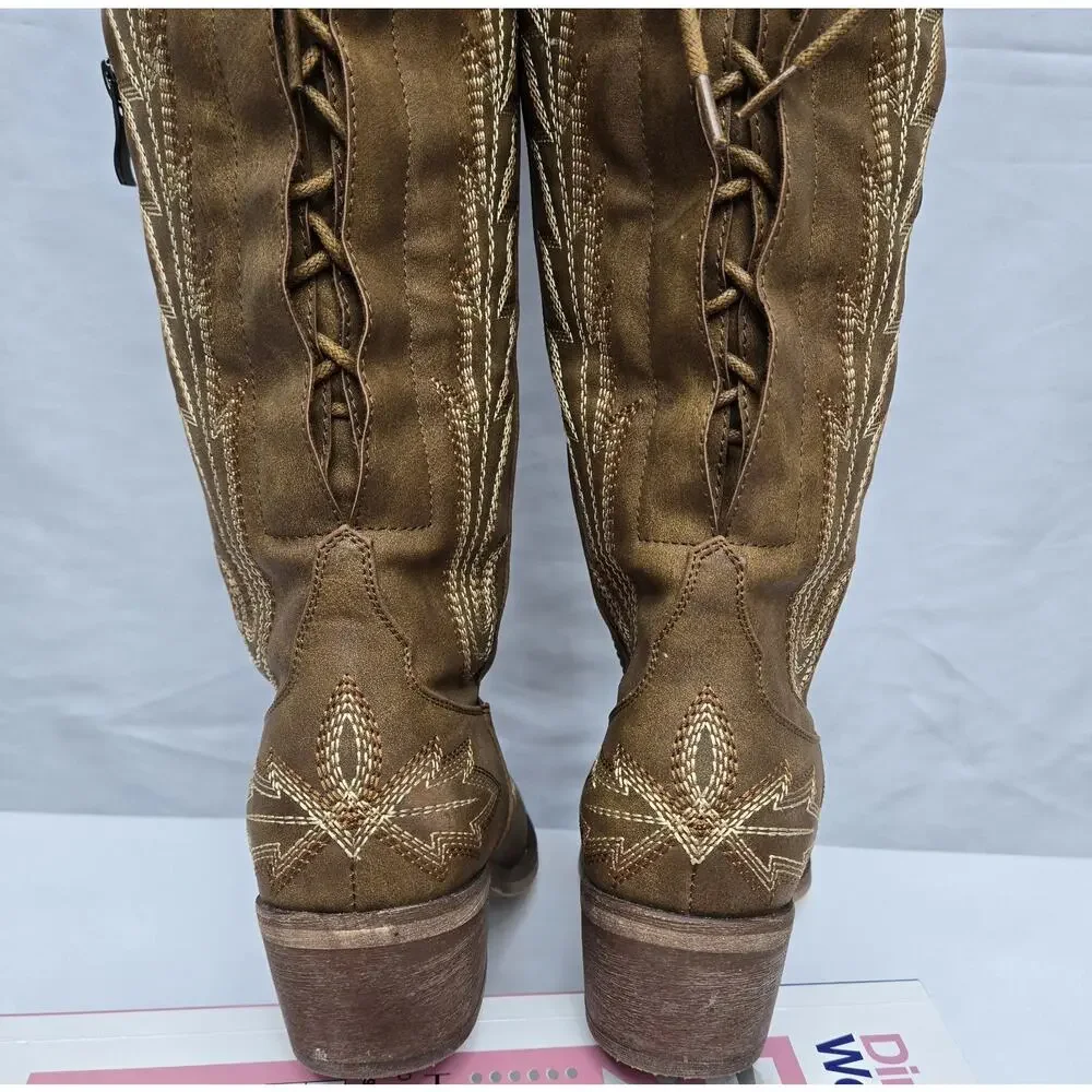 Brown Embroidered Thigh-High Over-the-Knee Cowboy Back Lace-Up Boots Size 6